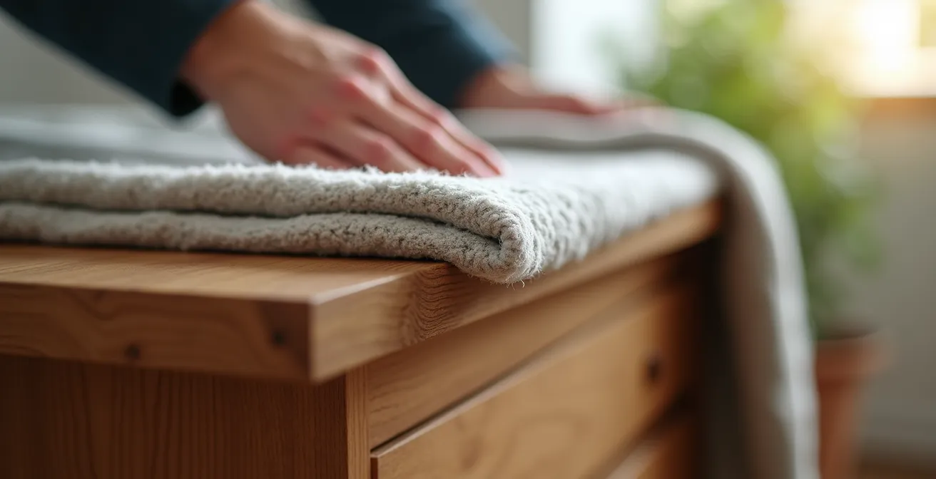 Close-up of protective padding and wrapping on furniture corner
