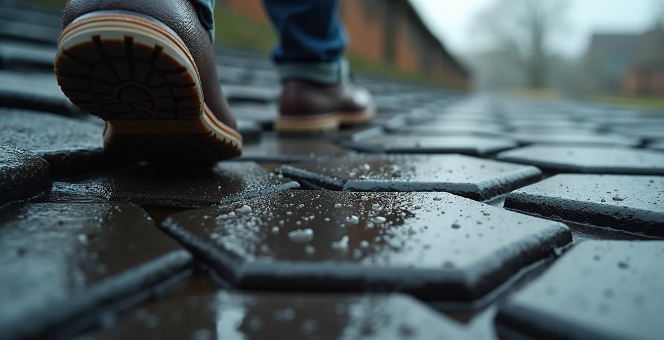 Close-up of roofer's work boot slipping on wet shingle surface showing friction loss