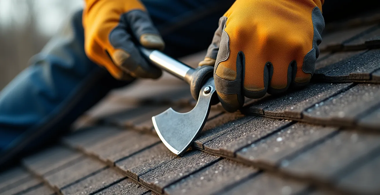 Close-up of construction worker's hands adjusting safety harness connection to roof anchor