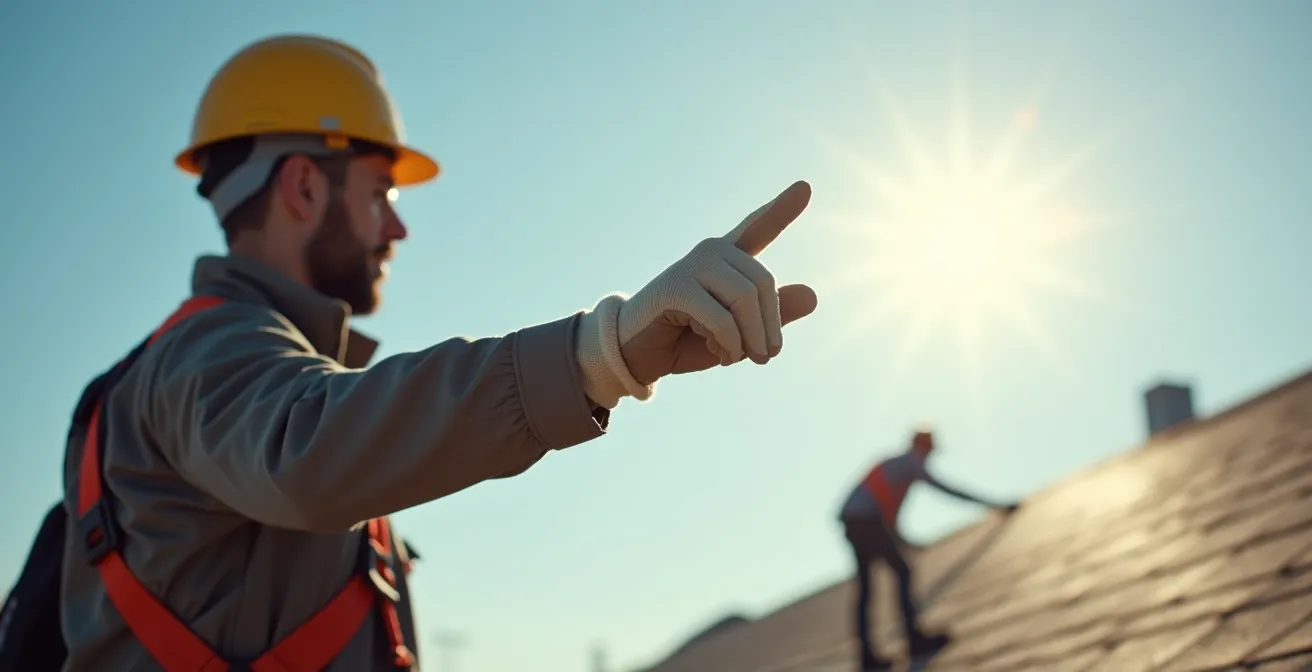 Roofer demonstrating clear hand signal to crew member on steep pitch