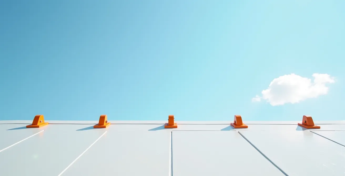 Wide angle view of professional roof anchor system installed along ridge line