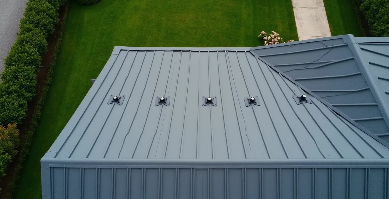 Aerial view of multiple roof anchors installed on steep residential roof showing optimal spacing pattern