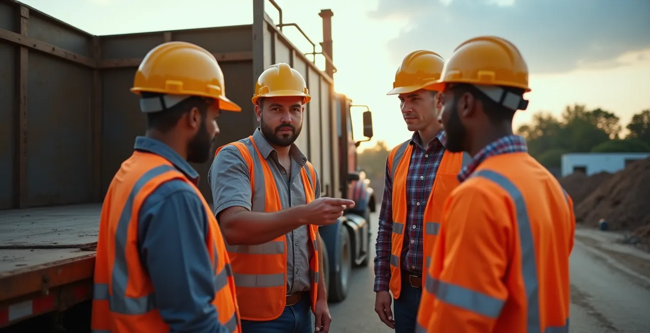Roofing crew gathered for morning safety briefing with equipment laid out systematically on truck tailgate