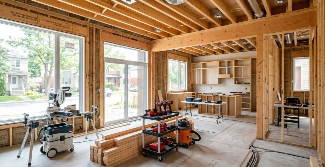 Intérieur d'une maison résidentielle en rénovation avec charpente et structure apparentes, chantier organisé et propre avec équipement professionnel, lumière naturelle abondante traversant les fenêtres