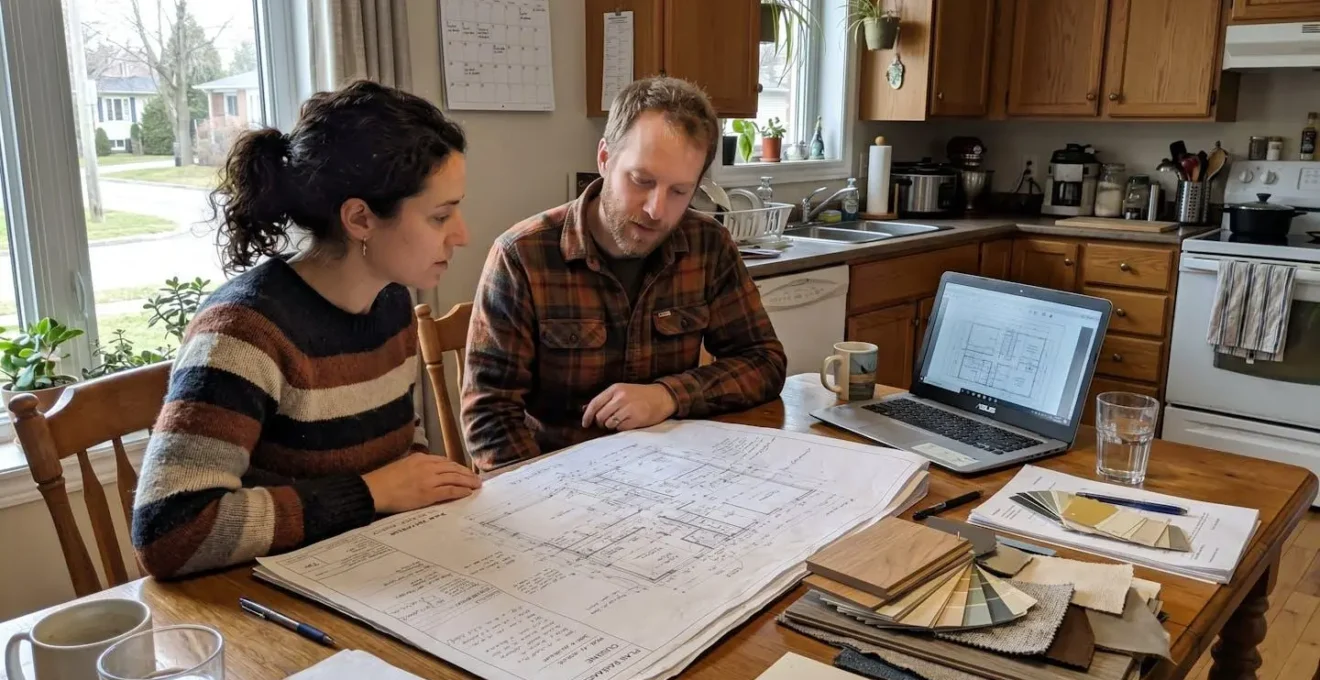 Un couple dans la trentaine consulte ensemble des plans de rénovation posés sur une table de cuisine moderne, vue par-dessus l'épaule, ambiance lumineuse naturelle d'une maison contemporaine à Ottawa