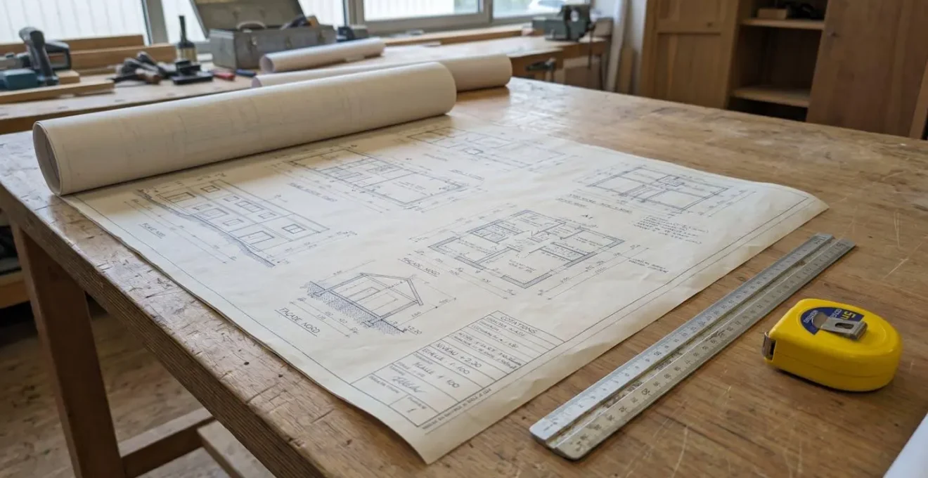 Gros plan sur les mains d'un entrepreneur professionnel marquant des mesures précises sur un plan architectural avec un crayon, outils de construction partiellement visibles en arrière-plan flou