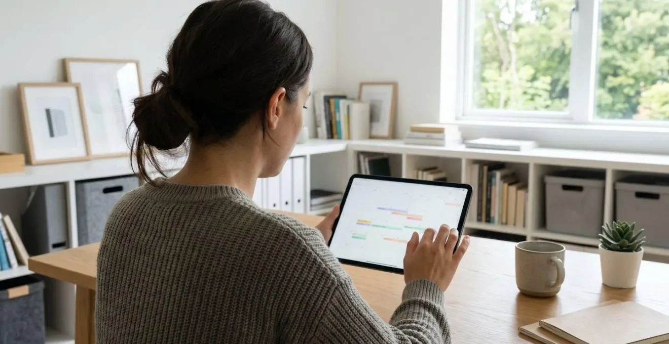 Vue par-dessus l'épaule d'une personne consultant un calendrier de projet de rénovation sur une tablette numérique, environnement domicile contemporain, cadrage naturel et lumineux