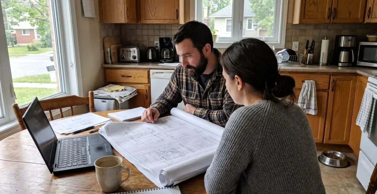 Contractor and homeowner reviewing renovation plans together at kitchen table in Ottawa home