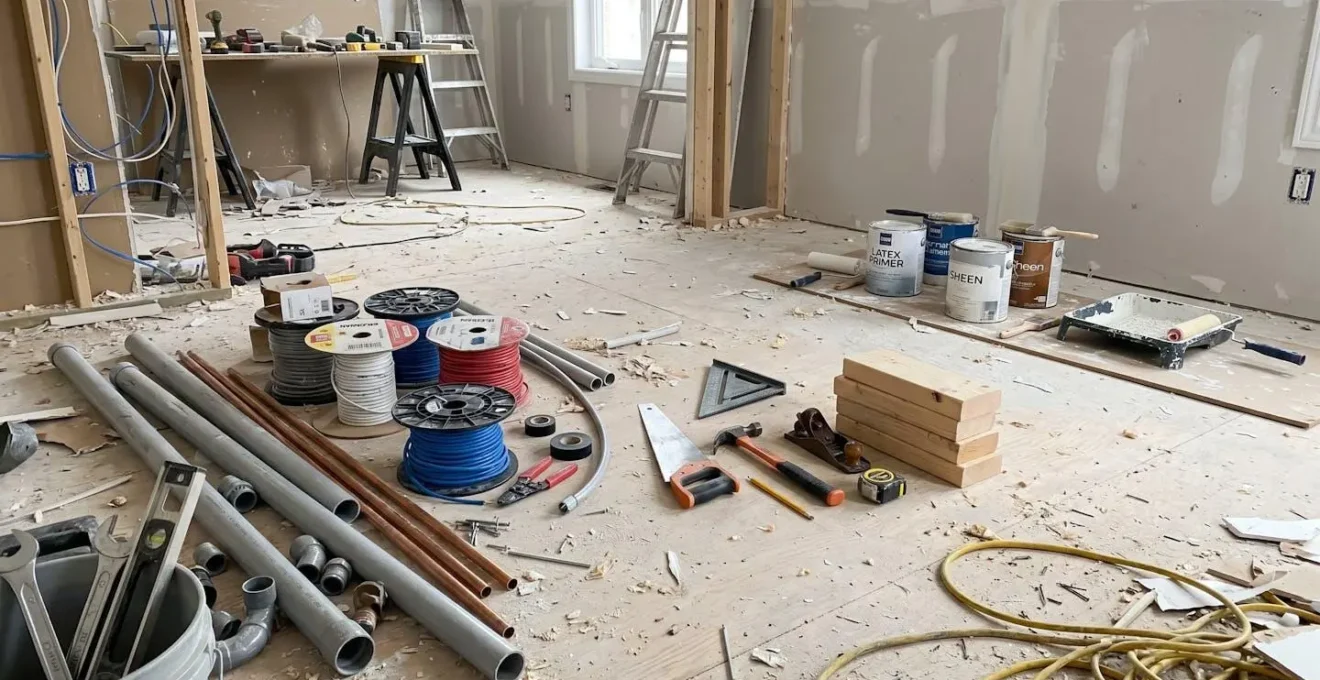 Multiple renovation trade tools scattered on residential worksite floor showing coordination challenges