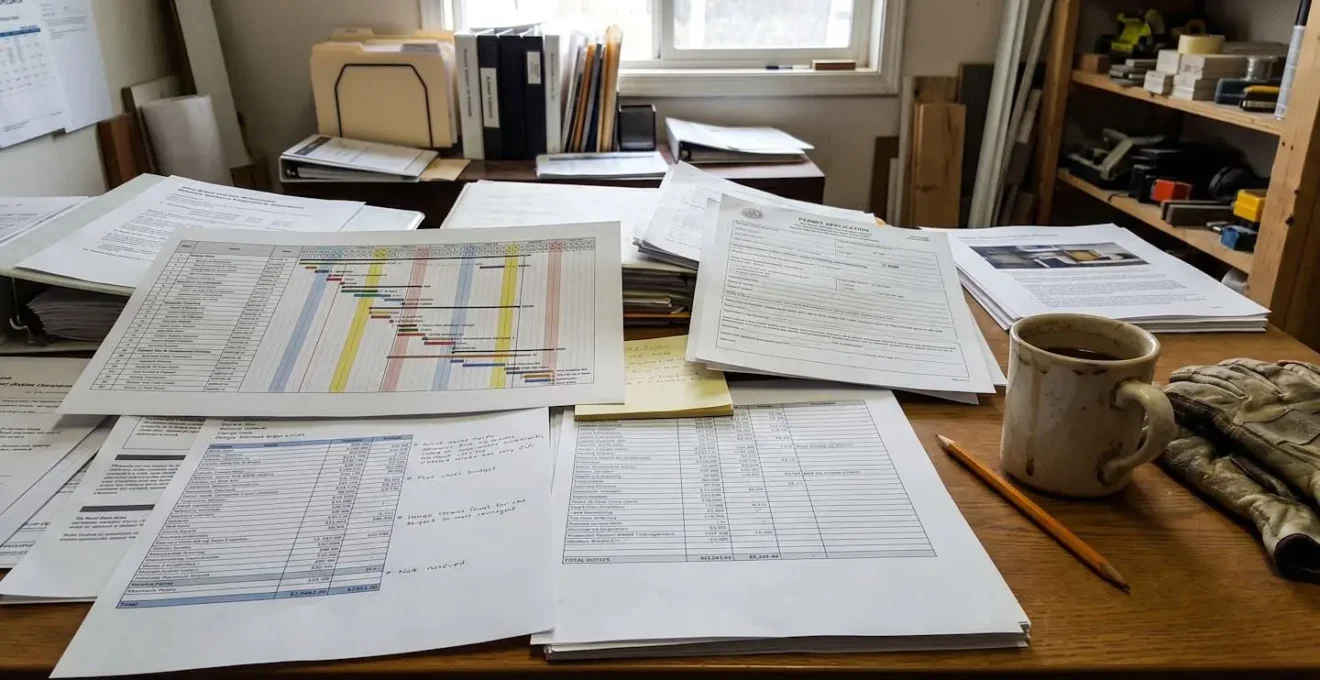Renovation project timeline and budget documents on contractor desk showing detailed planning