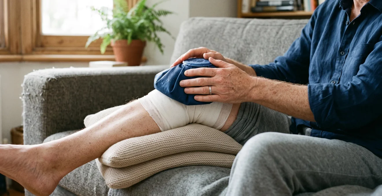 A person ices a bandaged knee while resting on a sofa at home.