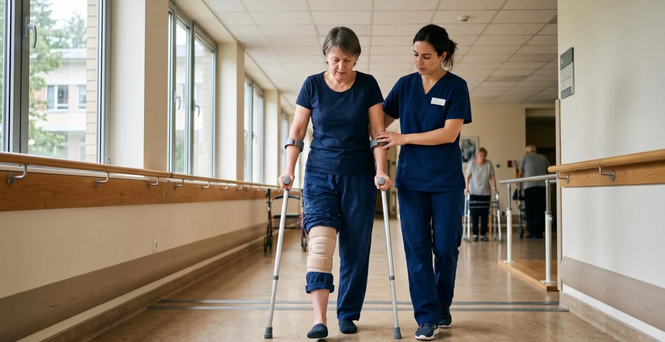 A physiotherapist helps a patient walk with crutches in a hospital corridor.