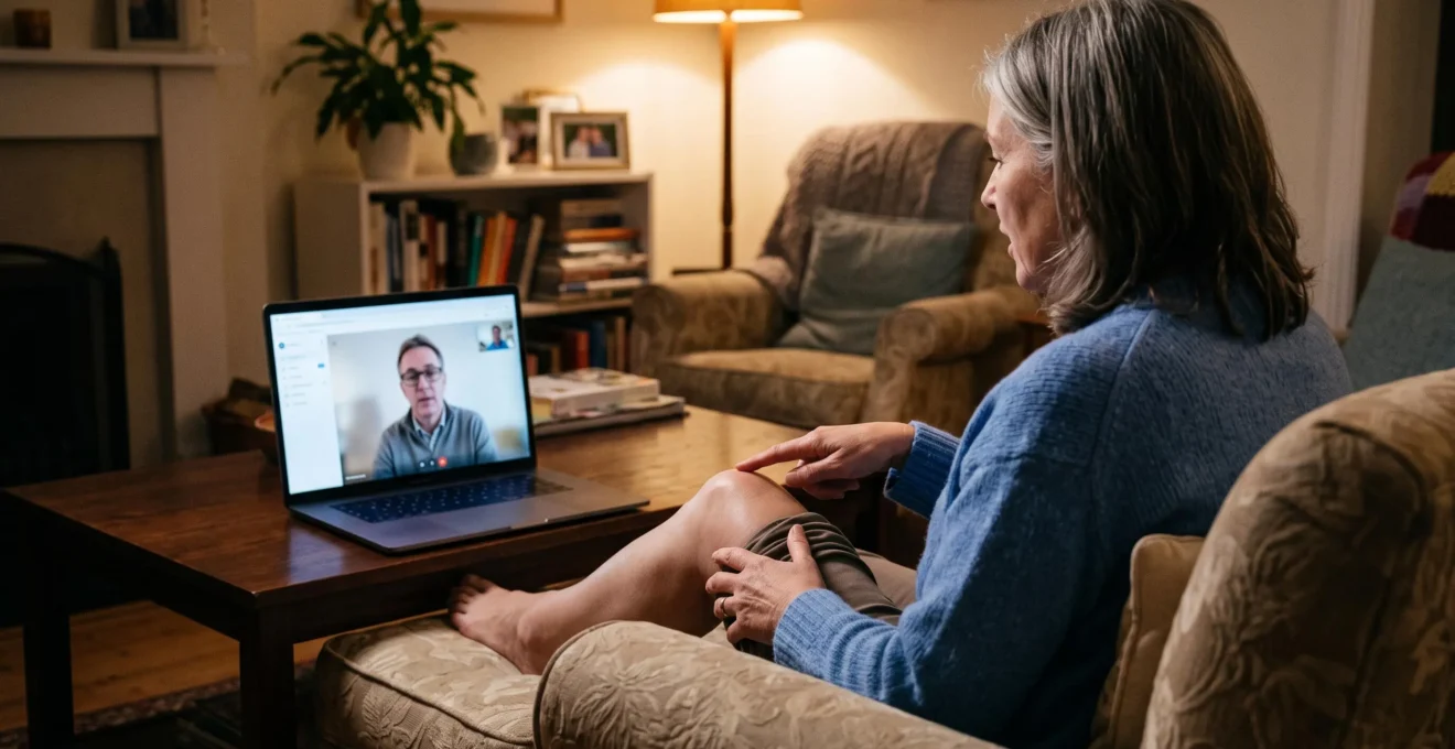 A woman points to her knee during a video consultation with a doctor.